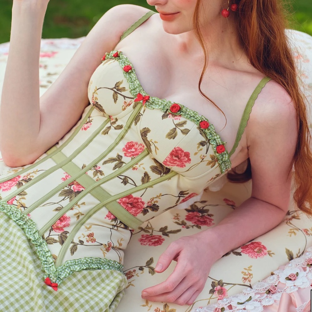 LaceMade Rose Floral Corset Top Green and Pink
